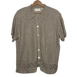 Elisabeth Vintage Linen Blend Button Down Knit Collar Blouse Size: 1X